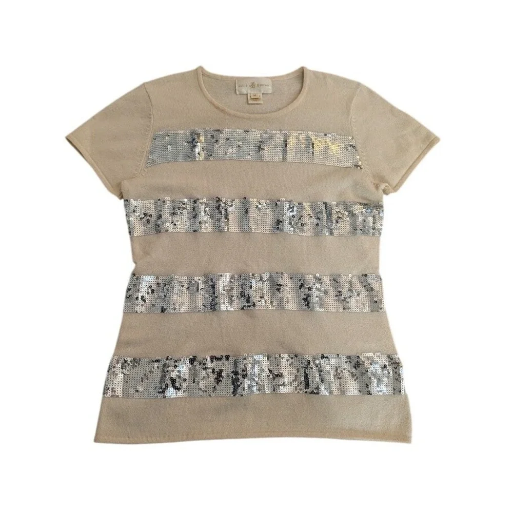 Julie Brown Women's Wool/Cashmere Beige Short Sleeve Sweater Sequins Size Medium